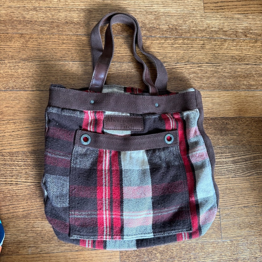 Abercrombie & Fitch Red and Brown Plaid Tote, A&F College Book Tote Y2K